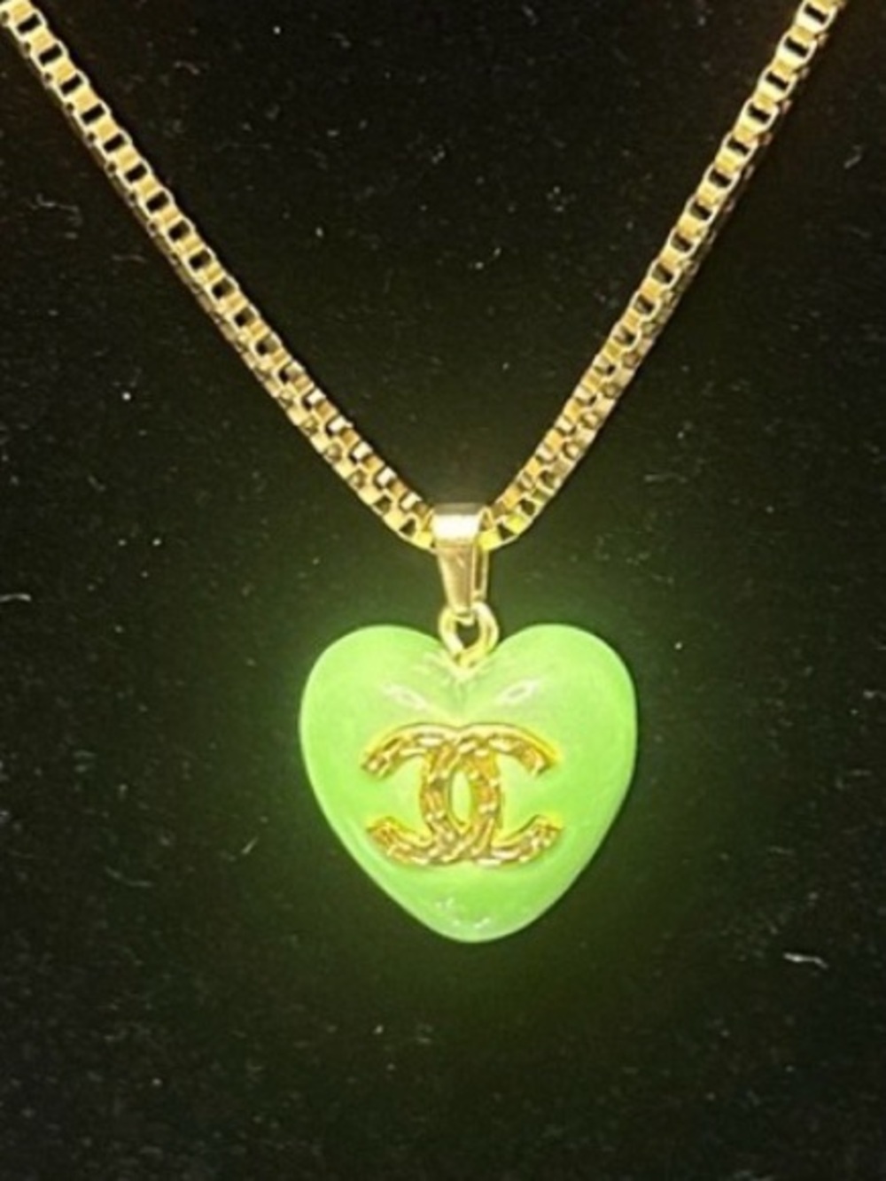CC Gold Chain Necklace with Lime Green Heart Pendant(stamped) - Picture 5 of 8